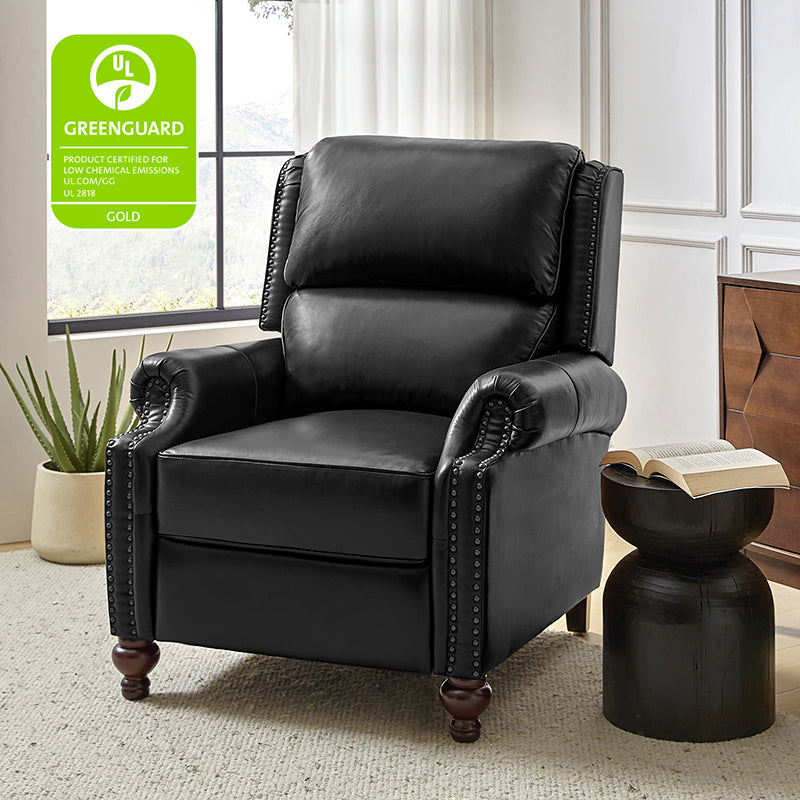 Fauteuil inclinable manuel en cuir véritable avec accoudoirs roulés, clous décoratifs, assise à ressorts sinueux et pieds tournés en bois de bouleau | Marron / Camel / Beige / Noir / Bleu marine / Vert / Bordeaux | Siège simple