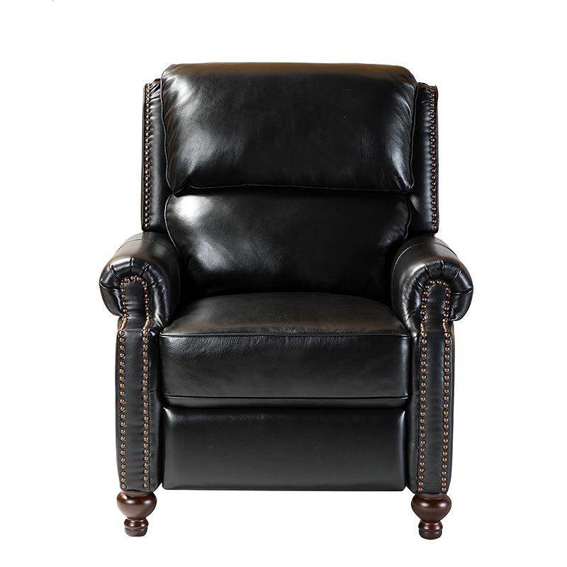 Fauteuil inclinable manuel en cuir véritable avec accoudoirs roulés, clous décoratifs, assise à ressorts sinueux et pieds tournés en bois de bouleau | Marron / Camel / Beige / Noir / Bleu marine / Vert / Bordeaux | Siège simple
