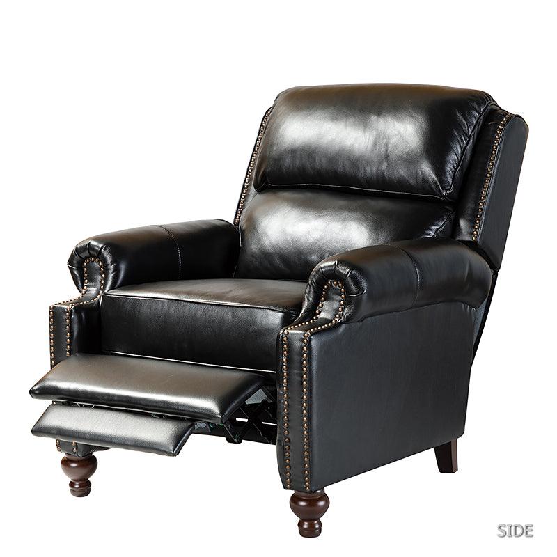 Fauteuil inclinable manuel en cuir véritable avec accoudoirs roulés, clous décoratifs, assise à ressorts sinueux et pieds tournés en bois de bouleau | Marron / Camel / Beige / Noir / Bleu marine / Vert / Bordeaux | Siège simple