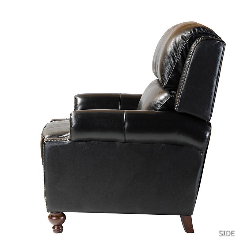Fauteuil inclinable manuel en cuir véritable avec accoudoirs roulés, clous décoratifs, assise à ressorts sinueux et pieds tournés en bois de bouleau | Marron / Camel / Beige / Noir / Bleu marine / Vert / Bordeaux | Siège simple