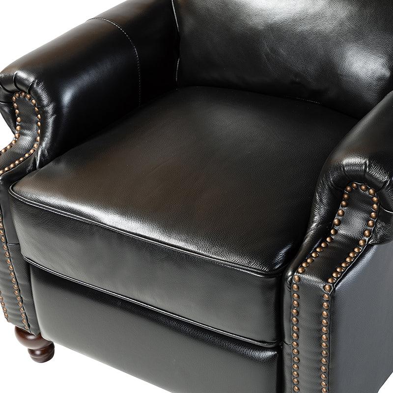 Fauteuil inclinable manuel en cuir véritable avec accoudoirs roulés, clous décoratifs, assise à ressorts sinueux et pieds tournés en bois de bouleau | Marron / Camel / Beige / Noir / Bleu marine / Vert / Bordeaux | Siège simple