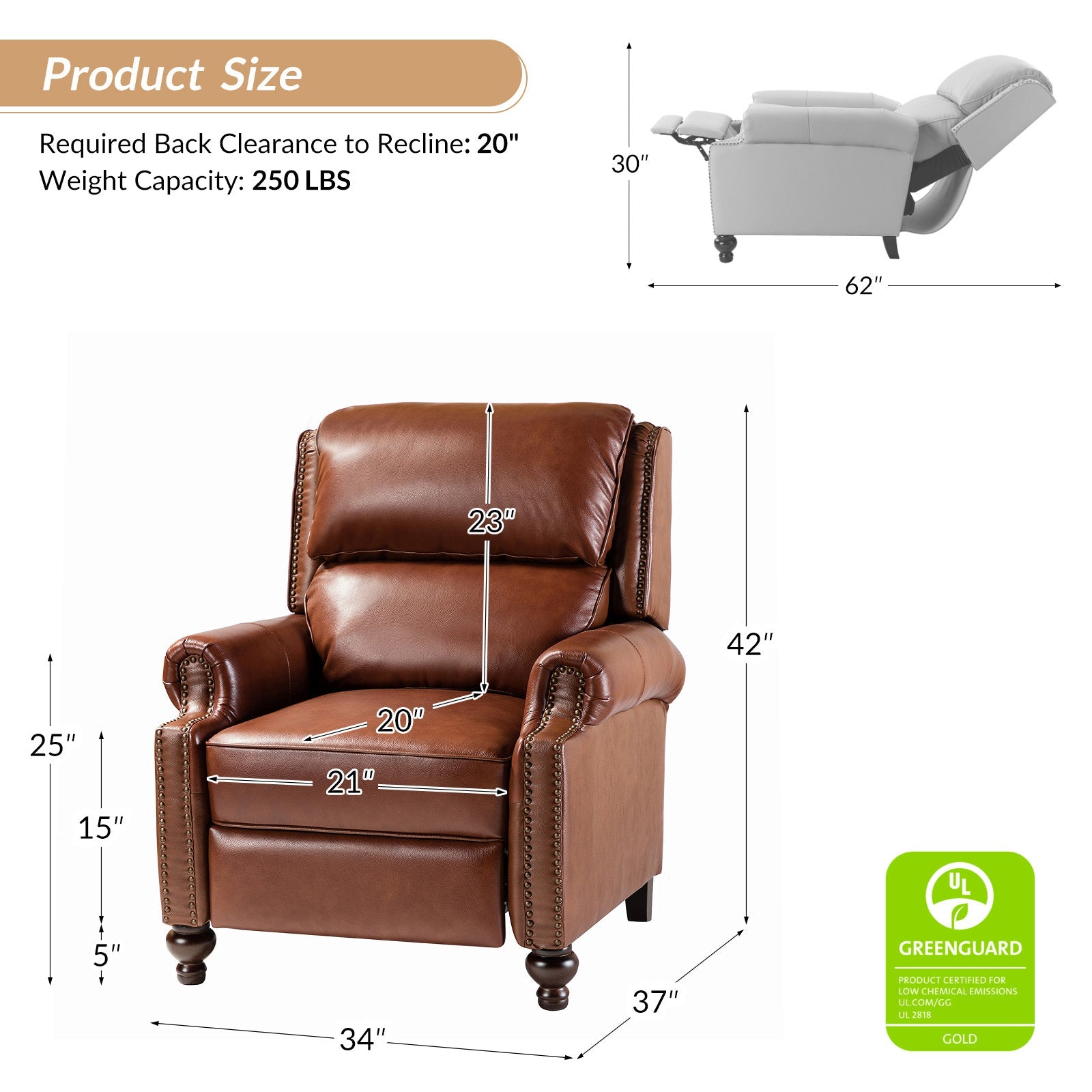 Fauteuil inclinable manuel en cuir véritable avec accoudoirs roulés, clous décoratifs, assise à ressorts sinueux et pieds tournés en bois de bouleau | Marron / Camel / Beige / Noir / Bleu marine / Vert / Bordeaux | Siège simple
