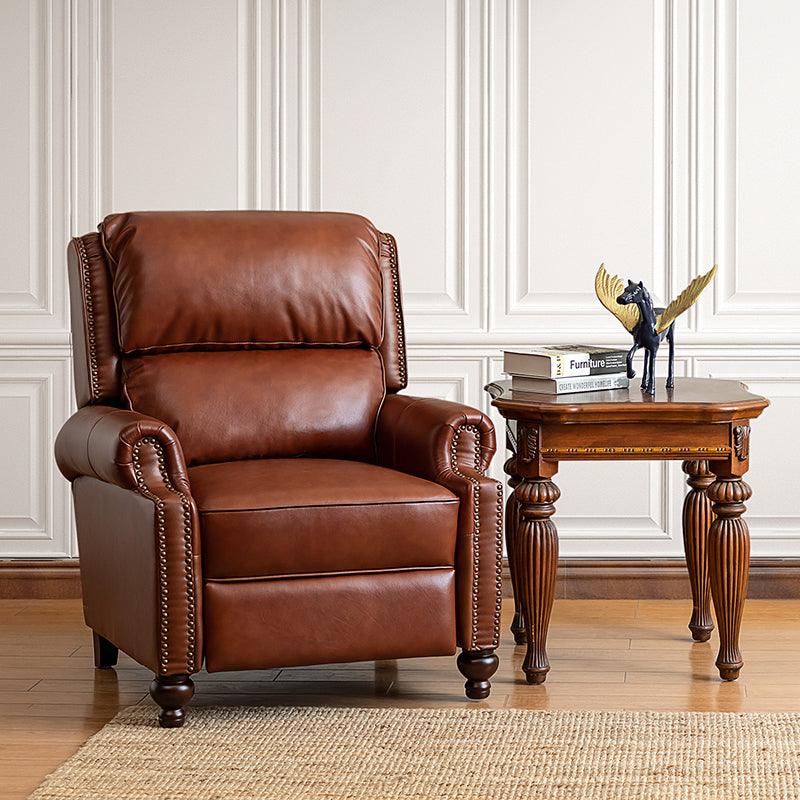 Fauteuil inclinable manuel en cuir véritable avec accoudoirs roulés, clous décoratifs, assise à ressorts sinueux et pieds tournés en bois de bouleau | Marron / Camel / Beige / Noir / Bleu marine / Vert / Bordeaux | Siège simple