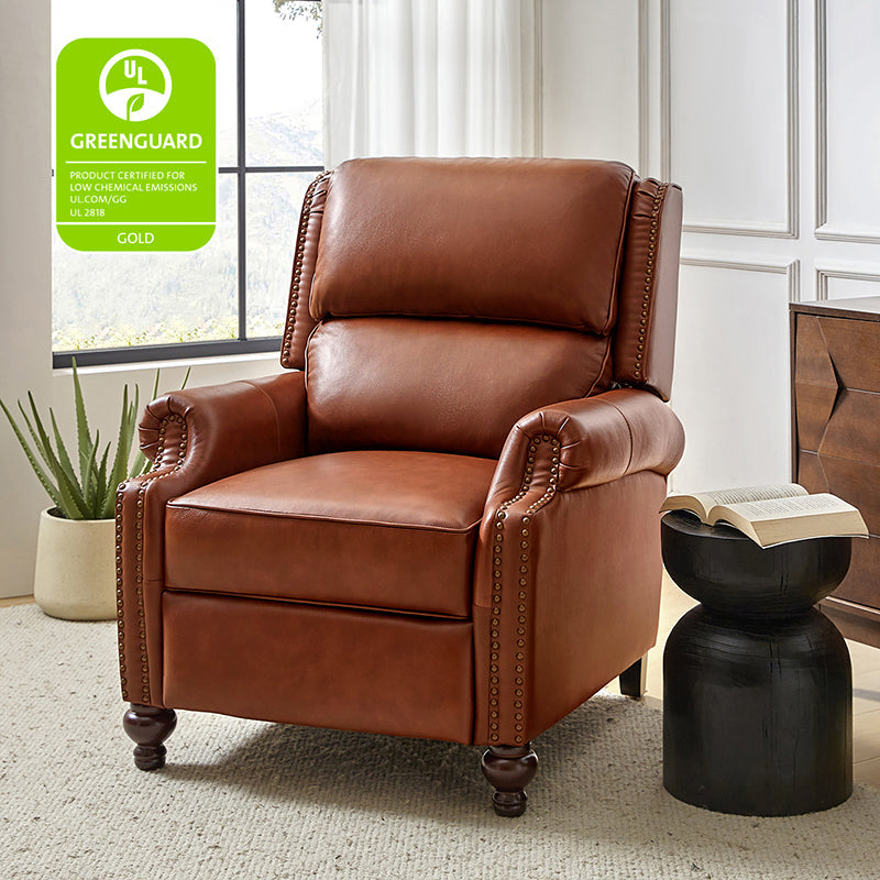 Fauteuil inclinable manuel en cuir véritable avec accoudoirs roulés, clous décoratifs, assise à ressorts sinueux et pieds tournés en bois de bouleau | Marron / Camel / Beige / Noir / Bleu marine / Vert / Bordeaux | Siège simple