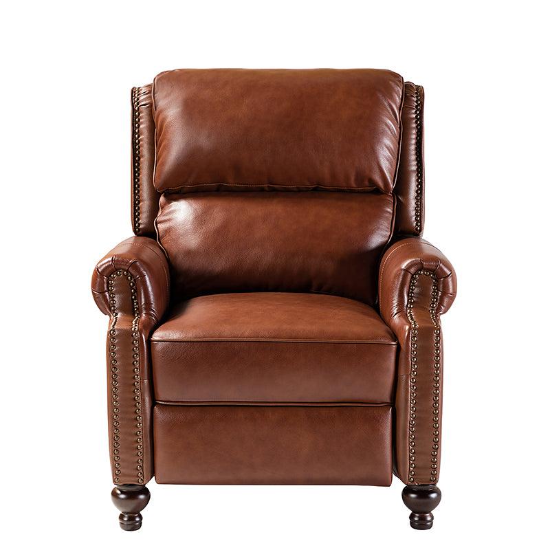 Fauteuil inclinable manuel en cuir véritable avec accoudoirs roulés, clous décoratifs, assise à ressorts sinueux et pieds tournés en bois de bouleau | Marron / Camel / Beige / Noir / Bleu marine / Vert / Bordeaux | Siège simple