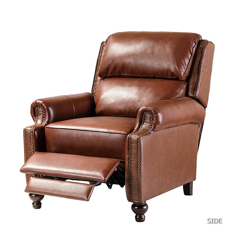 Fauteuil inclinable manuel en cuir véritable avec accoudoirs roulés, clous décoratifs, assise à ressorts sinueux et pieds tournés en bois de bouleau | Marron / Camel / Beige / Noir / Bleu marine / Vert / Bordeaux | Siège simple