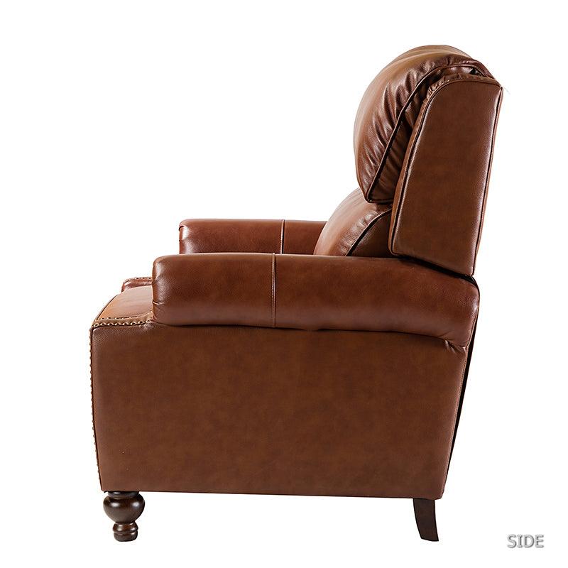 Fauteuil inclinable manuel en cuir véritable avec accoudoirs roulés, clous décoratifs, assise à ressorts sinueux et pieds tournés en bois de bouleau | Marron / Camel / Beige / Noir / Bleu marine / Vert / Bordeaux | Siège simple