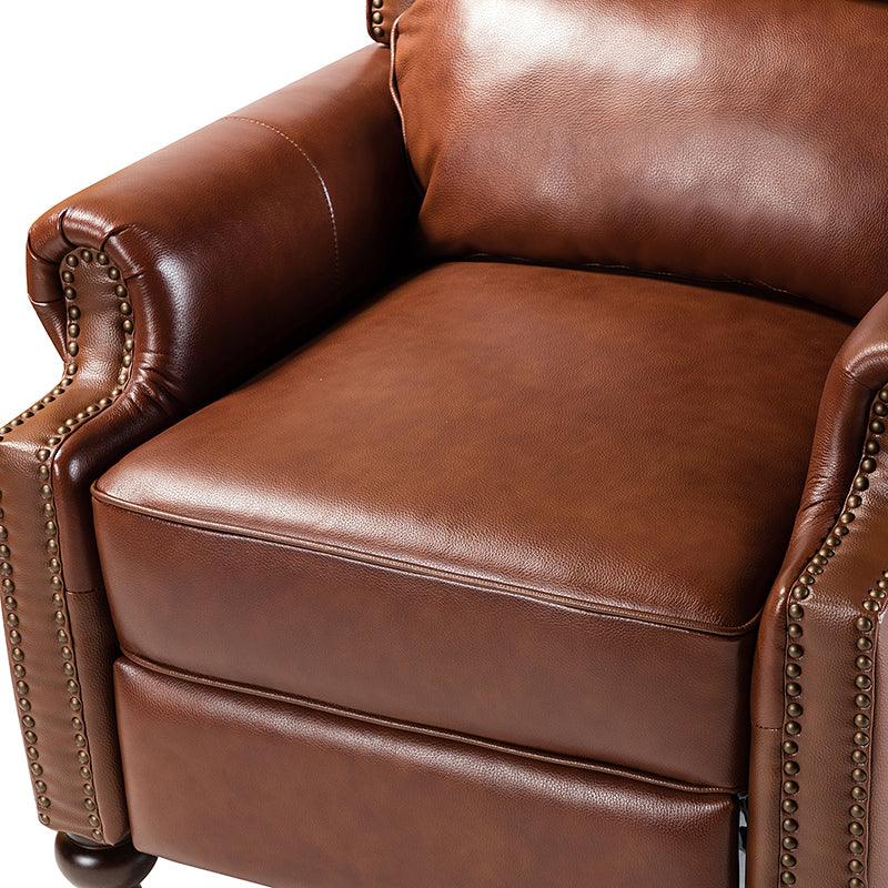 Fauteuil inclinable manuel en cuir véritable avec accoudoirs roulés, clous décoratifs, assise à ressorts sinueux et pieds tournés en bois de bouleau | Marron / Camel / Beige / Noir / Bleu marine / Vert / Bordeaux | Siège simple