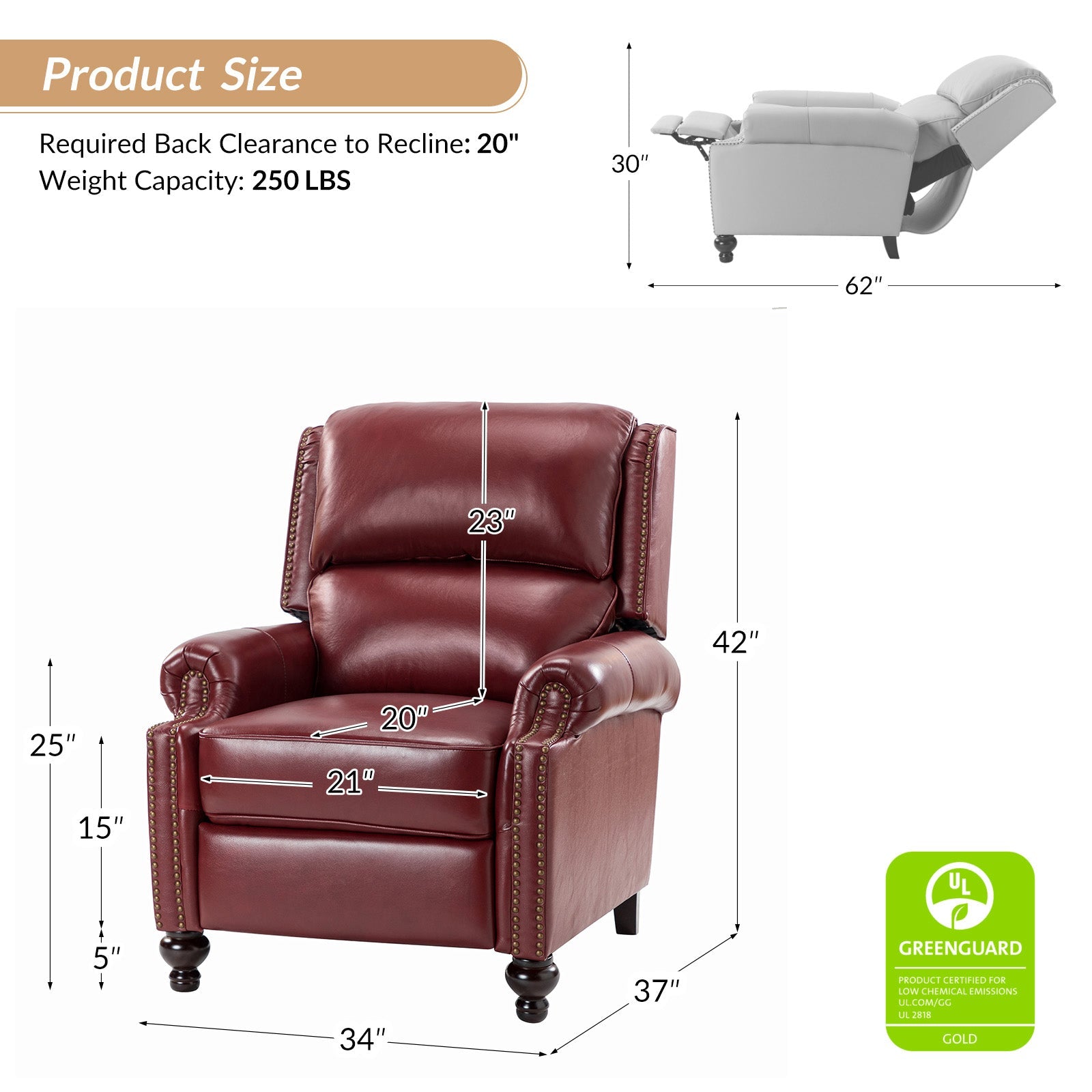 Fauteuil inclinable manuel en cuir véritable avec accoudoirs roulés, clous décoratifs, assise à ressorts sinueux et pieds tournés en bois de bouleau | Marron / Camel / Beige / Noir / Bleu marine / Vert / Bordeaux | Siège simple