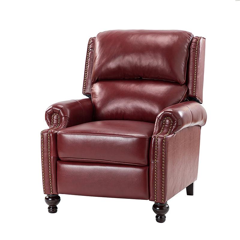 Fauteuil inclinable manuel en cuir véritable avec accoudoirs roulés, clous décoratifs, assise à ressorts sinueux et pieds tournés en bois de bouleau | Marron / Camel / Beige / Noir / Bleu marine / Vert / Bordeaux | Siège simple