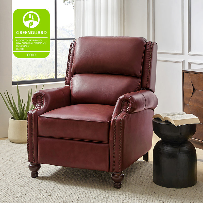 Fauteuil inclinable manuel en cuir véritable avec accoudoirs roulés, clous décoratifs, assise à ressorts sinueux et pieds tournés en bois de bouleau | Marron / Camel / Beige / Noir / Bleu marine / Vert / Bordeaux | Siège simple