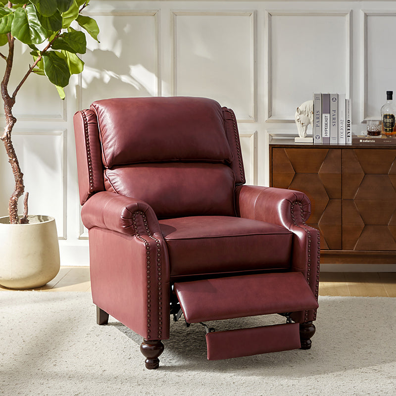 Fauteuil inclinable manuel en cuir véritable avec accoudoirs roulés, clous décoratifs, assise à ressorts sinueux et pieds tournés en bois de bouleau | Marron / Camel / Beige / Noir / Bleu marine / Vert / Bordeaux | Siège simple