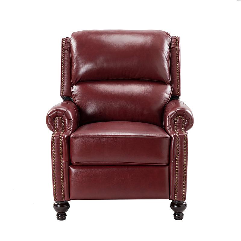 Fauteuil inclinable manuel en cuir véritable avec accoudoirs roulés, clous décoratifs, assise à ressorts sinueux et pieds tournés en bois de bouleau | Marron / Camel / Beige / Noir / Bleu marine / Vert / Bordeaux | Siège simple
