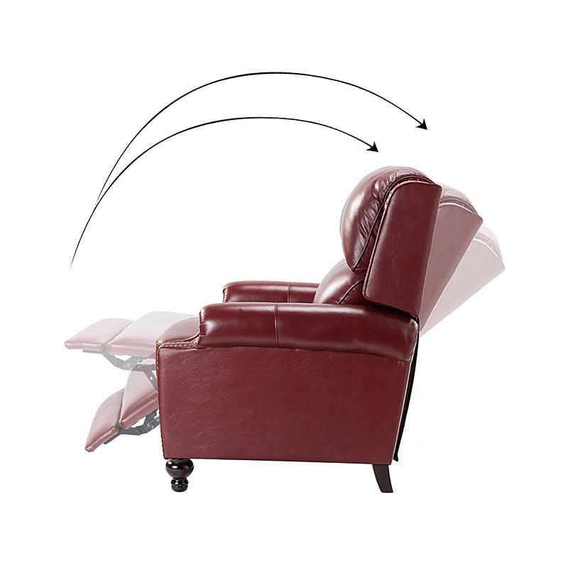 Fauteuil inclinable manuel en cuir véritable avec accoudoirs roulés, clous décoratifs, assise à ressorts sinueux et pieds tournés en bois de bouleau | Marron / Camel / Beige / Noir / Bleu marine / Vert / Bordeaux | Siège simple
