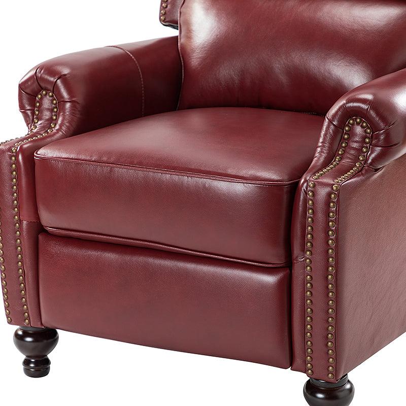 Fauteuil inclinable manuel en cuir véritable avec accoudoirs roulés, clous décoratifs, assise à ressorts sinueux et pieds tournés en bois de bouleau | Marron / Camel / Beige / Noir / Bleu marine / Vert / Bordeaux | Siège simple