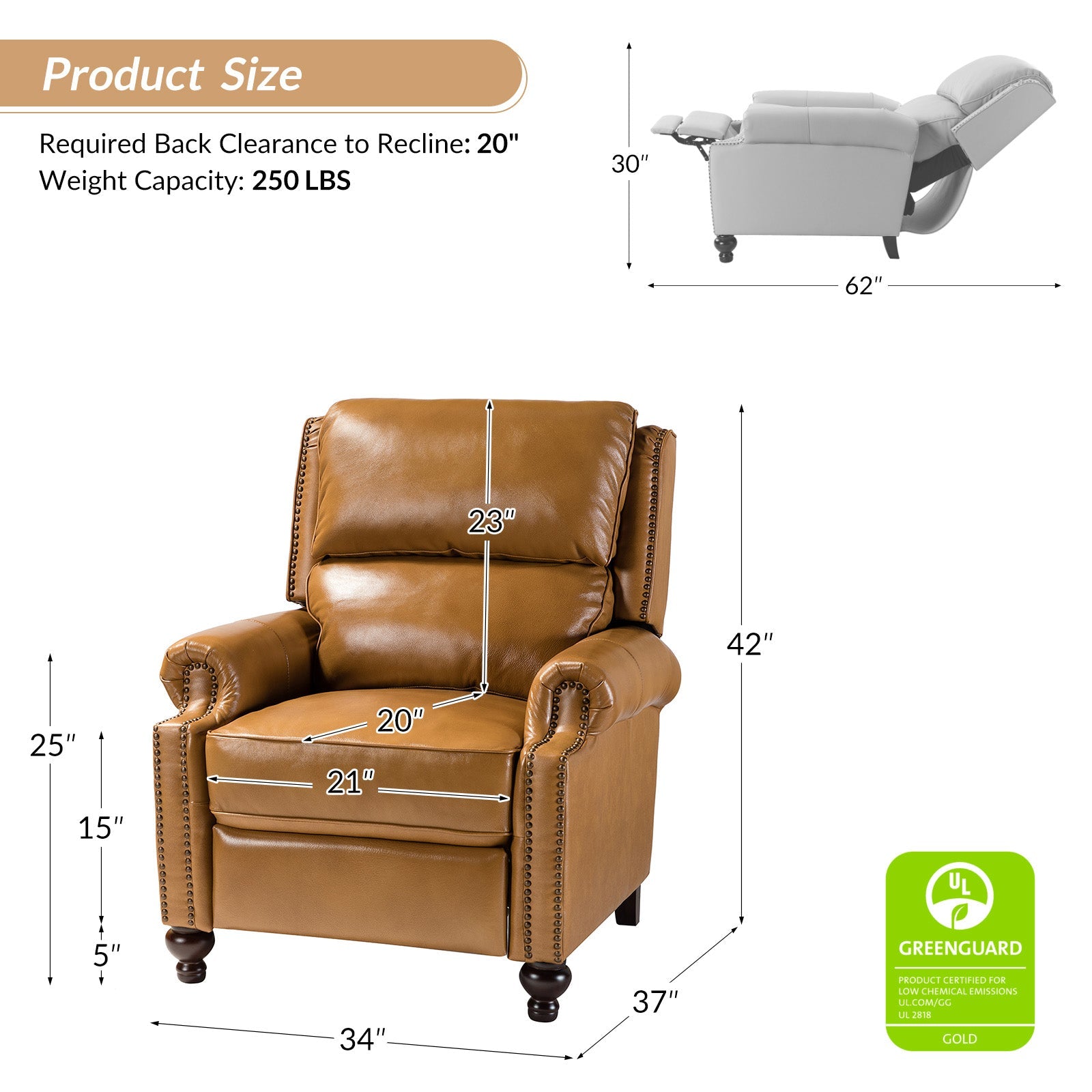 Fauteuil inclinable manuel en cuir véritable avec accoudoirs roulés, clous décoratifs, assise à ressorts sinueux et pieds tournés en bois de bouleau | Marron / Camel / Beige / Noir / Bleu marine / Vert / Bordeaux | Siège simple