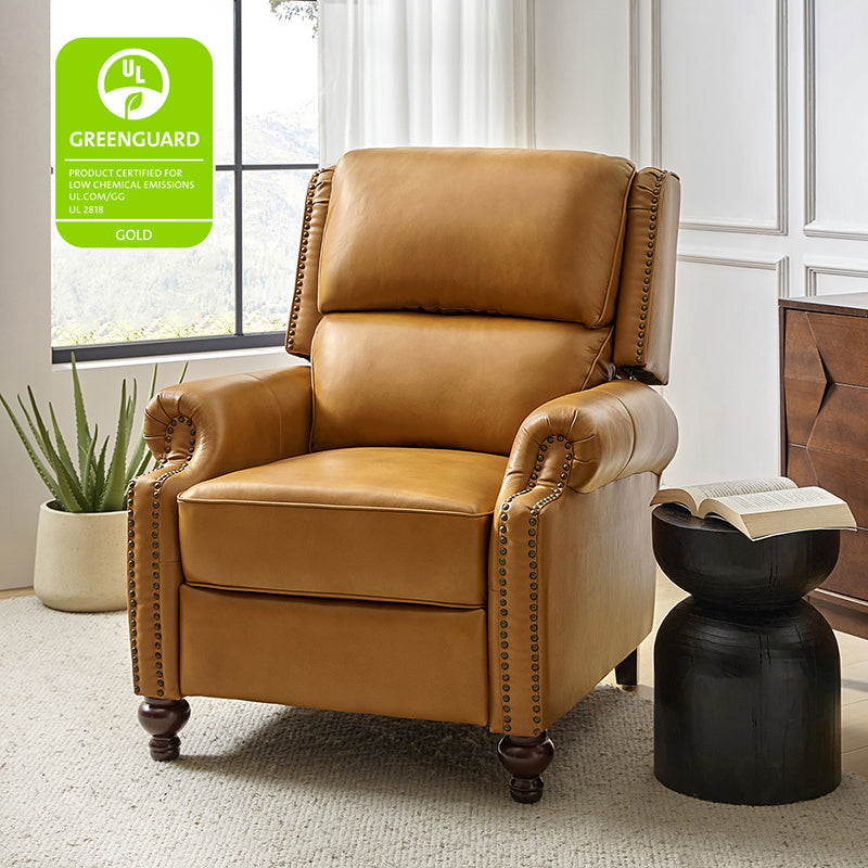 Fauteuil inclinable manuel en cuir véritable avec accoudoirs roulés, clous décoratifs, assise à ressorts sinueux et pieds tournés en bois de bouleau | Marron / Camel / Beige / Noir / Bleu marine / Vert / Bordeaux | Siège simple