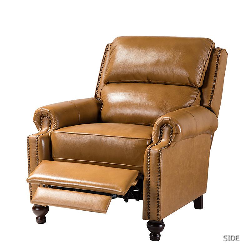 Fauteuil inclinable manuel en cuir véritable avec accoudoirs roulés, clous décoratifs, assise à ressorts sinueux et pieds tournés en bois de bouleau | Marron / Camel / Beige / Noir / Bleu marine / Vert / Bordeaux | Siège simple