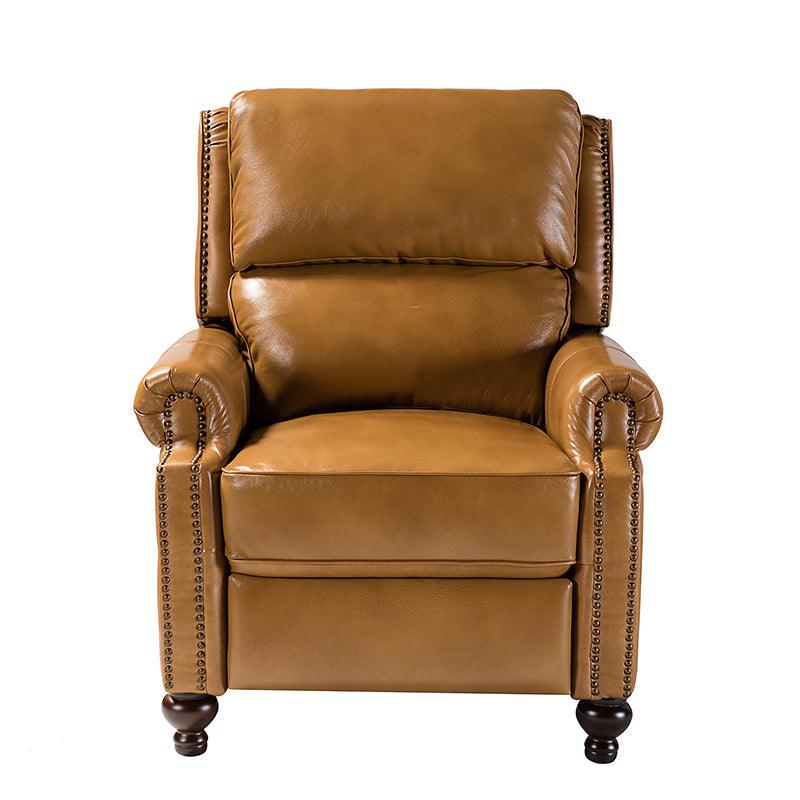 Fauteuil inclinable manuel en cuir véritable avec accoudoirs roulés, clous décoratifs, assise à ressorts sinueux et pieds tournés en bois de bouleau | Marron / Camel / Beige / Noir / Bleu marine / Vert / Bordeaux | Siège simple