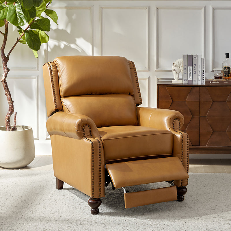 Fauteuil inclinable manuel en cuir véritable avec accoudoirs roulés, clous décoratifs, assise à ressorts sinueux et pieds tournés en bois de bouleau | Marron / Camel / Beige / Noir / Bleu marine / Vert / Bordeaux | Siège simple