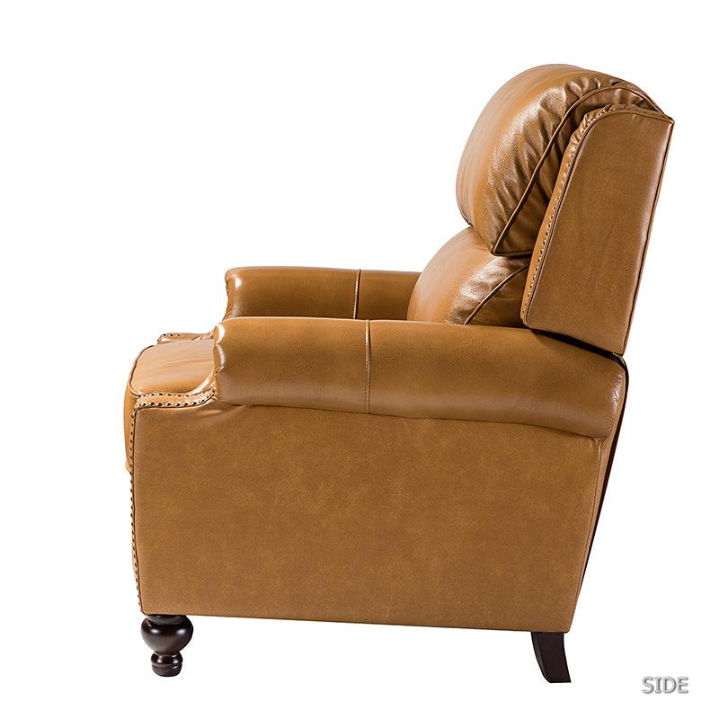 Fauteuil inclinable manuel en cuir véritable avec accoudoirs roulés, clous décoratifs, assise à ressorts sinueux et pieds tournés en bois de bouleau | Marron / Camel / Beige / Noir / Bleu marine / Vert / Bordeaux | Siège simple