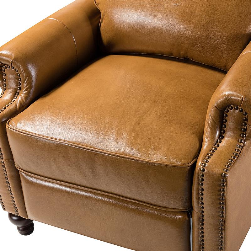 Fauteuil inclinable manuel en cuir véritable avec accoudoirs roulés, clous décoratifs, assise à ressorts sinueux et pieds tournés en bois de bouleau | Marron / Camel / Beige / Noir / Bleu marine / Vert / Bordeaux | Siège simple