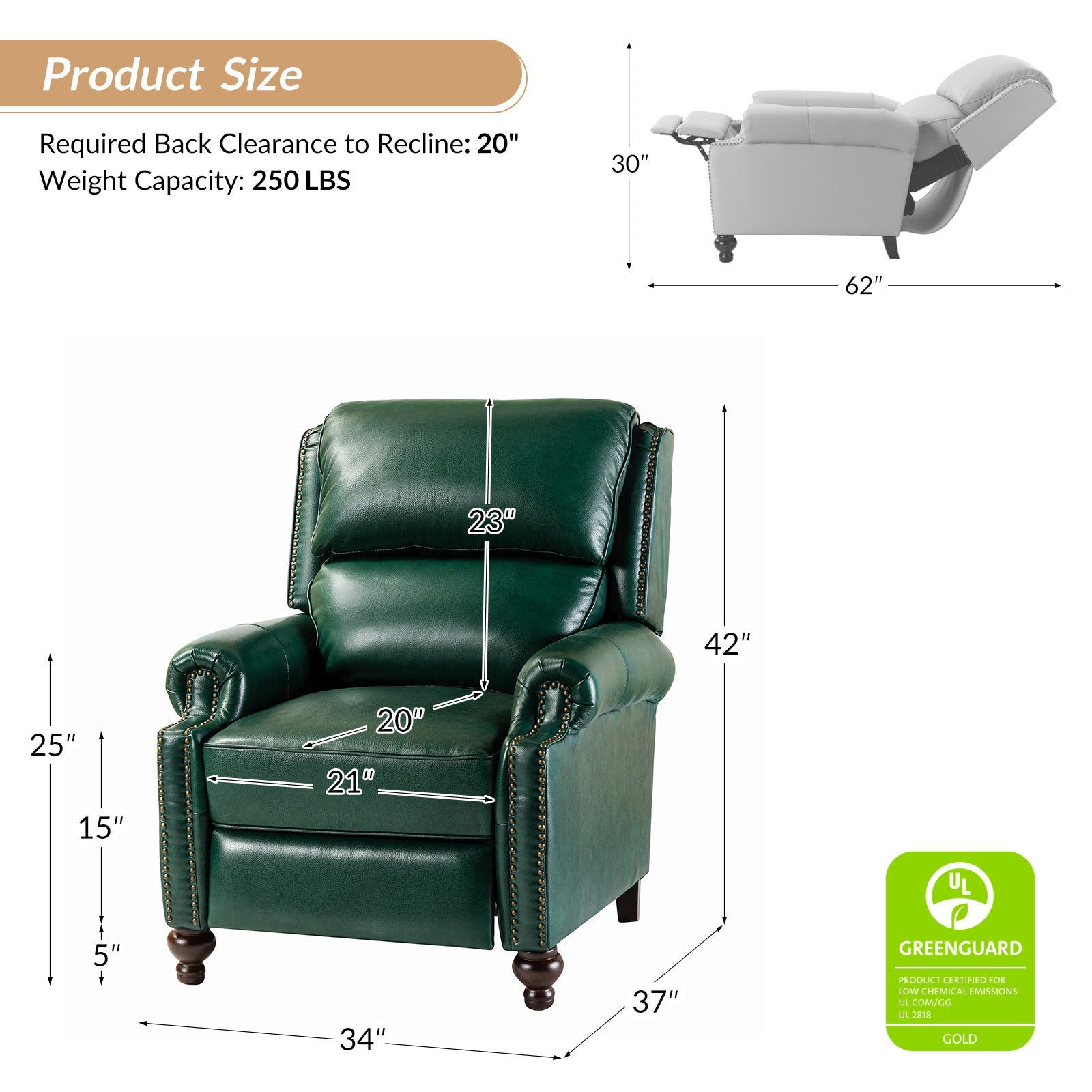 Fauteuil inclinable manuel en cuir véritable avec accoudoirs roulés, clous décoratifs, assise à ressorts sinueux et pieds tournés en bois de bouleau | Marron / Camel / Beige / Noir / Bleu marine / Vert / Bordeaux | Siège simple