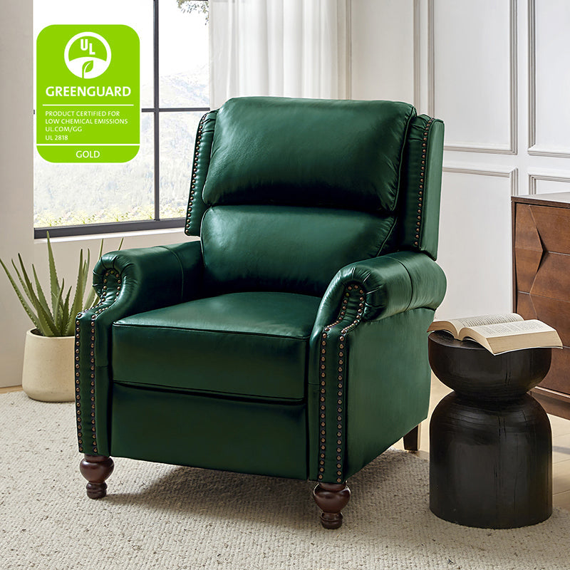 Fauteuil inclinable manuel en cuir véritable avec accoudoirs roulés, clous décoratifs, assise à ressorts sinueux et pieds tournés en bois de bouleau | Marron / Camel / Beige / Noir / Bleu marine / Vert / Bordeaux | Siège simple