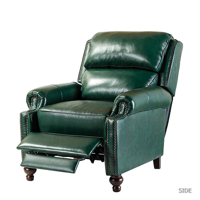 Fauteuil inclinable manuel en cuir véritable avec accoudoirs roulés, clous décoratifs, assise à ressorts sinueux et pieds tournés en bois de bouleau | Marron / Camel / Beige / Noir / Bleu marine / Vert / Bordeaux | Siège simple