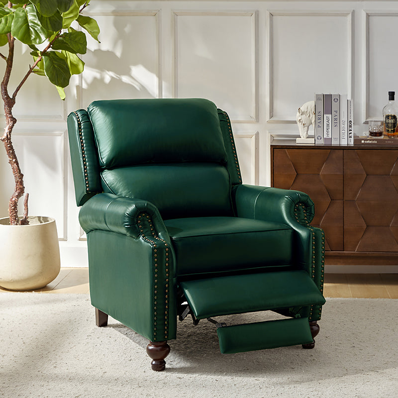 Fauteuil inclinable manuel en cuir véritable avec accoudoirs roulés, clous décoratifs, assise à ressorts sinueux et pieds tournés en bois de bouleau | Marron / Camel / Beige / Noir / Bleu marine / Vert / Bordeaux | Siège simple