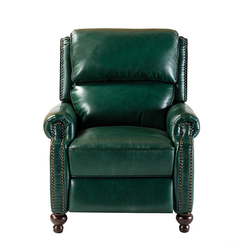 Fauteuil inclinable manuel en cuir véritable avec accoudoirs roulés, clous décoratifs, assise à ressorts sinueux et pieds tournés en bois de bouleau | Marron / Camel / Beige / Noir / Bleu marine / Vert / Bordeaux | Siège simple