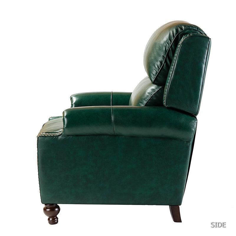 Fauteuil inclinable manuel en cuir véritable avec accoudoirs roulés, clous décoratifs, assise à ressorts sinueux et pieds tournés en bois de bouleau | Marron / Camel / Beige / Noir / Bleu marine / Vert / Bordeaux | Siège simple