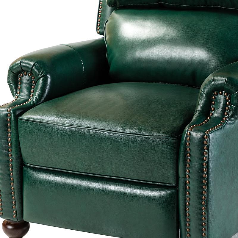 Fauteuil inclinable manuel en cuir véritable avec accoudoirs roulés, clous décoratifs, assise à ressorts sinueux et pieds tournés en bois de bouleau | Marron / Camel / Beige / Noir / Bleu marine / Vert / Bordeaux | Siège simple