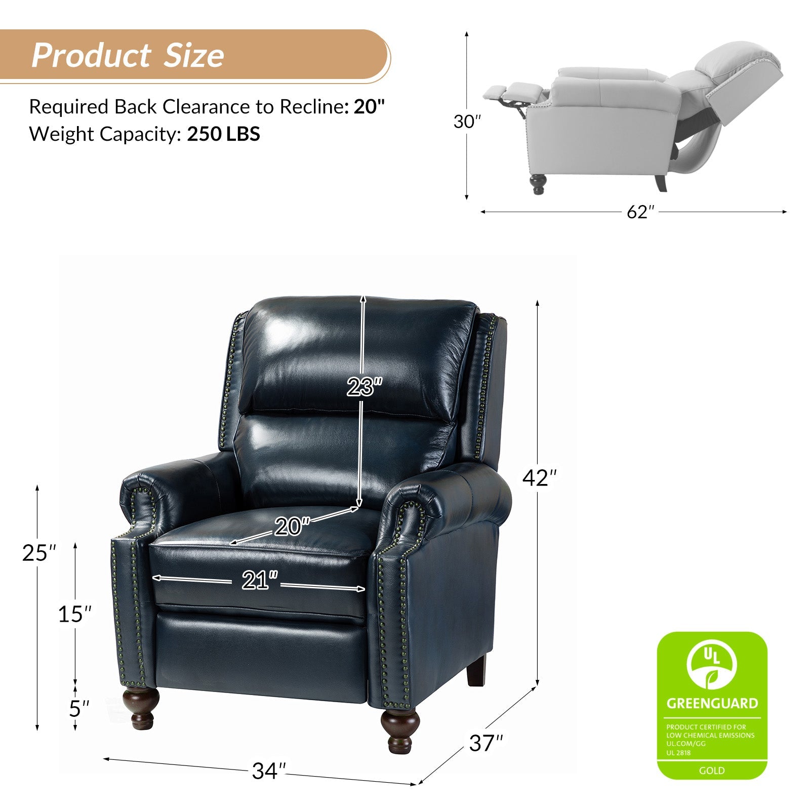 Fauteuil inclinable manuel en cuir véritable avec accoudoirs roulés, clous décoratifs, assise à ressorts sinueux et pieds tournés en bois de bouleau | Marron / Camel / Beige / Noir / Bleu marine / Vert / Bordeaux | Siège simple