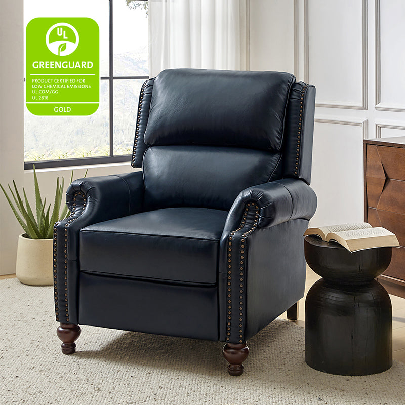 Fauteuil inclinable manuel en cuir véritable avec accoudoirs roulés, clous décoratifs, assise à ressorts sinueux et pieds tournés en bois de bouleau | Marron / Camel / Beige / Noir / Bleu marine / Vert / Bordeaux | Siège simple