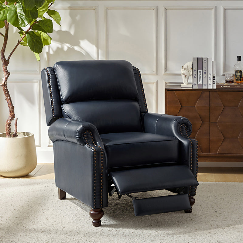 Fauteuil inclinable manuel en cuir véritable avec accoudoirs roulés, clous décoratifs, assise à ressorts sinueux et pieds tournés en bois de bouleau | Marron / Camel / Beige / Noir / Bleu marine / Vert / Bordeaux | Siège simple