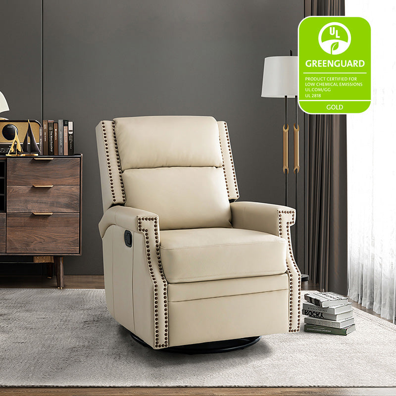 Fauteuil inclinable, pivotant et à bascule Wingback en cuir véritable avec clous en laiton et deux positions manuelles | Camel / Marine / Saddle / Marron / Sauge / Tourterelle / Beige / Turquoise / Bordeaux | Siège unique