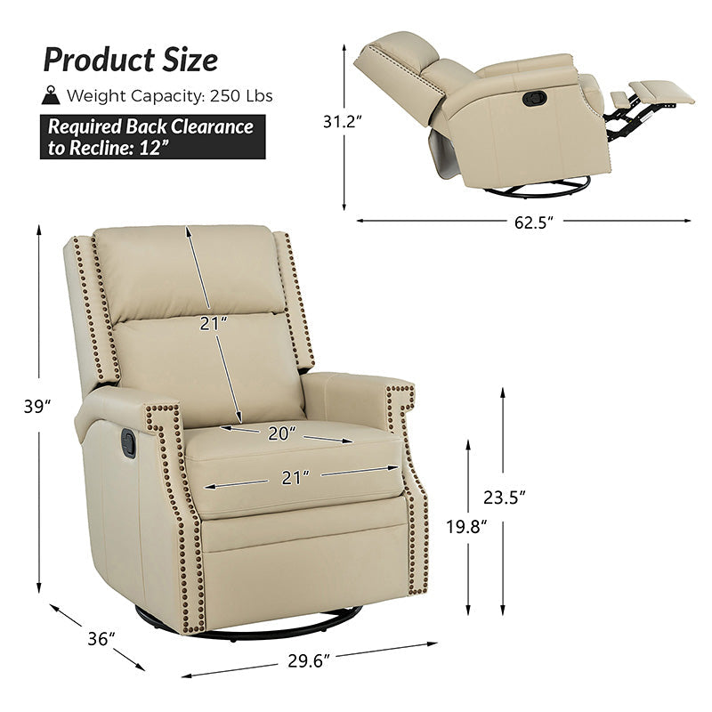 Fauteuil inclinable, pivotant et à bascule Wingback en cuir véritable avec clous en laiton et deux positions manuelles | Camel / Marine / Saddle / Marron / Sauge / Tourterelle / Beige / Turquoise / Bordeaux | Siège unique