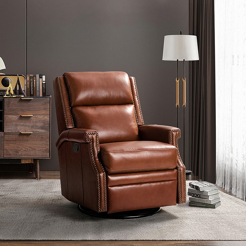 Fauteuil inclinable, pivotant et à bascule Wingback en cuir véritable avec clous en laiton et deux positions manuelles | Camel / Marine / Saddle / Marron / Sauge / Tourterelle / Beige / Turquoise / Bordeaux | Siège unique