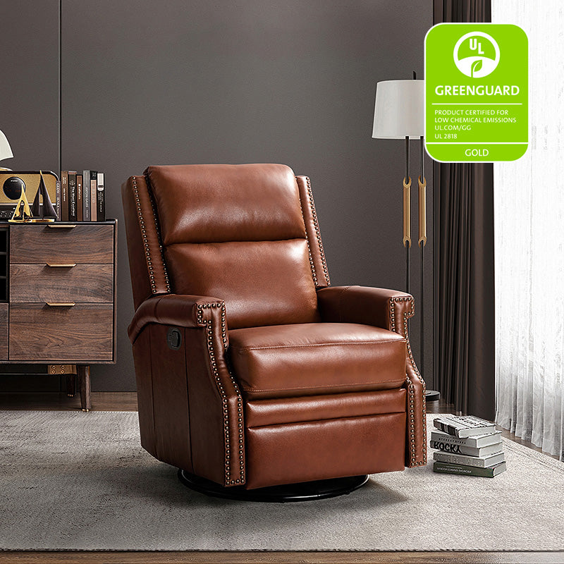 Fauteuil inclinable, pivotant et à bascule Wingback en cuir véritable avec clous en laiton et deux positions manuelles | Camel / Marine / Saddle / Marron / Sauge / Tourterelle / Beige / Turquoise / Bordeaux | Siège unique