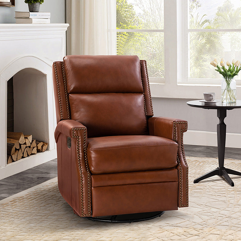 Fauteuil inclinable, pivotant et à bascule Wingback en cuir véritable avec clous en laiton et deux positions manuelles | Camel / Marine / Saddle / Marron / Sauge / Tourterelle / Beige / Turquoise / Bordeaux | Siège unique