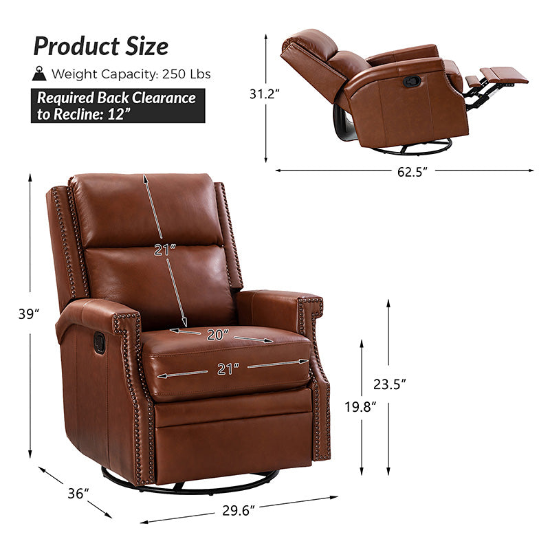 Fauteuil inclinable, pivotant et à bascule Wingback en cuir véritable avec clous en laiton et deux positions manuelles | Camel / Marine / Saddle / Marron / Sauge / Tourterelle / Beige / Turquoise / Bordeaux | Siège unique