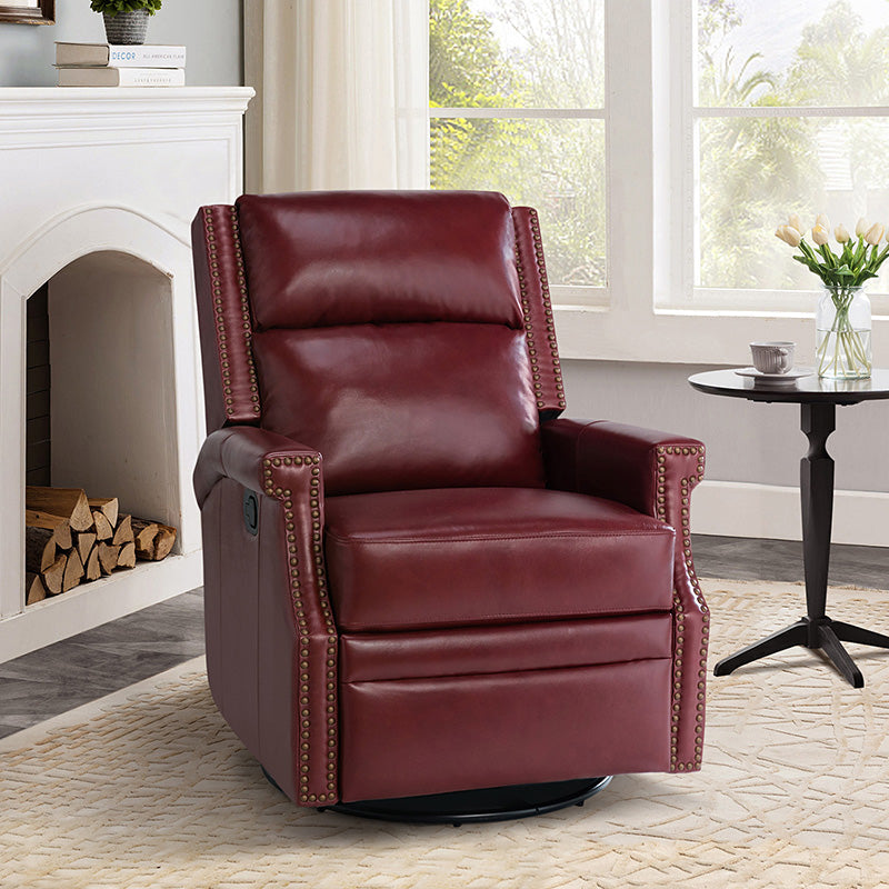 Fauteuil inclinable, pivotant et à bascule Wingback en cuir véritable avec clous en laiton et deux positions manuelles | Camel / Marine / Saddle / Marron / Sauge / Tourterelle / Beige / Turquoise / Bordeaux | Siège unique