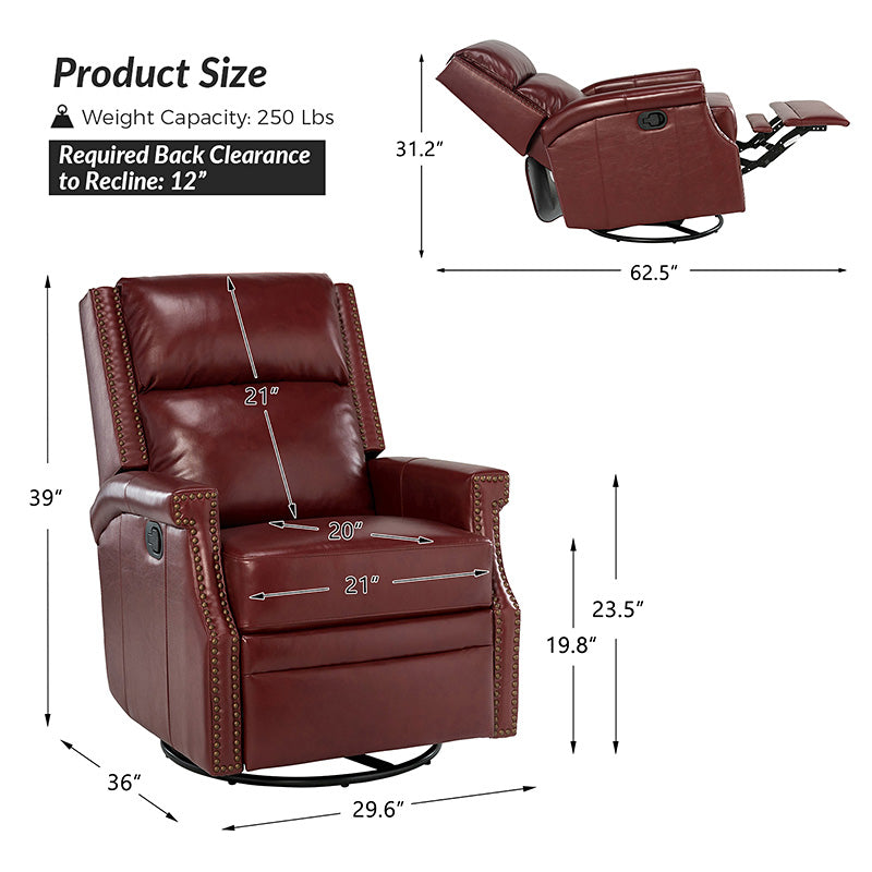 Fauteuil inclinable, pivotant et à bascule Wingback en cuir véritable avec clous en laiton et deux positions manuelles | Camel / Marine / Saddle / Marron / Sauge / Tourterelle / Beige / Turquoise / Bordeaux | Siège unique