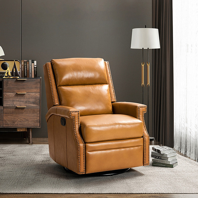 Fauteuil inclinable, pivotant et à bascule Wingback en cuir véritable avec clous en laiton et deux positions manuelles | Camel / Marine / Saddle / Marron / Sauge / Tourterelle / Beige / Turquoise / Bordeaux | Siège unique
