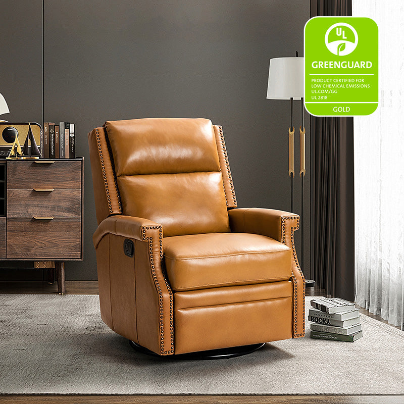 Fauteuil inclinable, pivotant et à bascule Wingback en cuir véritable avec clous en laiton et deux positions manuelles | Camel / Marine / Saddle / Marron / Sauge / Tourterelle / Beige / Turquoise / Bordeaux | Siège unique