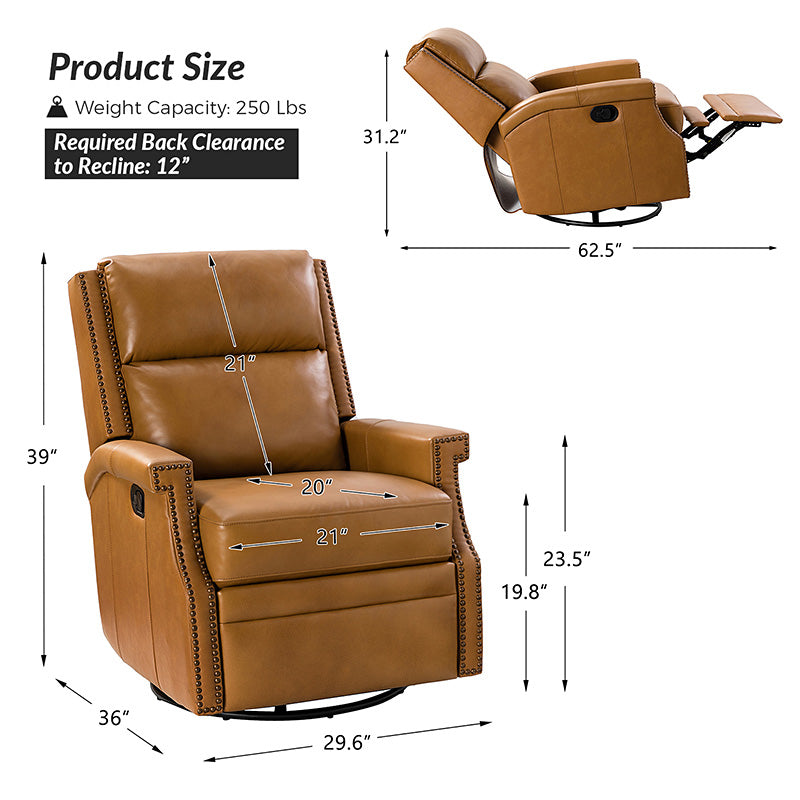 Fauteuil inclinable, pivotant et à bascule Wingback en cuir véritable avec clous en laiton et deux positions manuelles | Camel / Marine / Saddle / Marron / Sauge / Tourterelle / Beige / Turquoise / Bordeaux | Siège unique