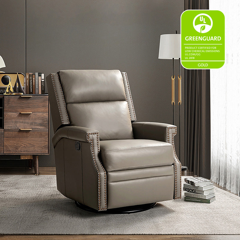 Fauteuil inclinable, pivotant et à bascule Wingback en cuir véritable avec clous en laiton et deux positions manuelles | Camel / Marine / Saddle / Marron / Sauge / Tourterelle / Beige / Turquoise / Bordeaux | Siège unique