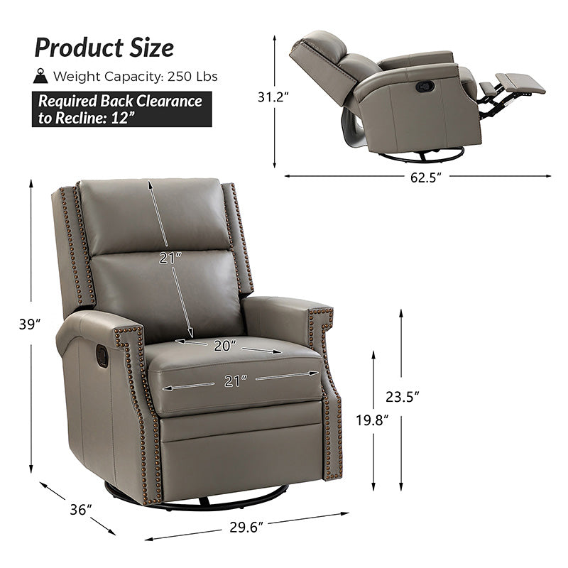 Fauteuil inclinable, pivotant et à bascule Wingback en cuir véritable avec clous en laiton et deux positions manuelles | Camel / Marine / Saddle / Marron / Sauge / Tourterelle / Beige / Turquoise / Bordeaux | Siège unique