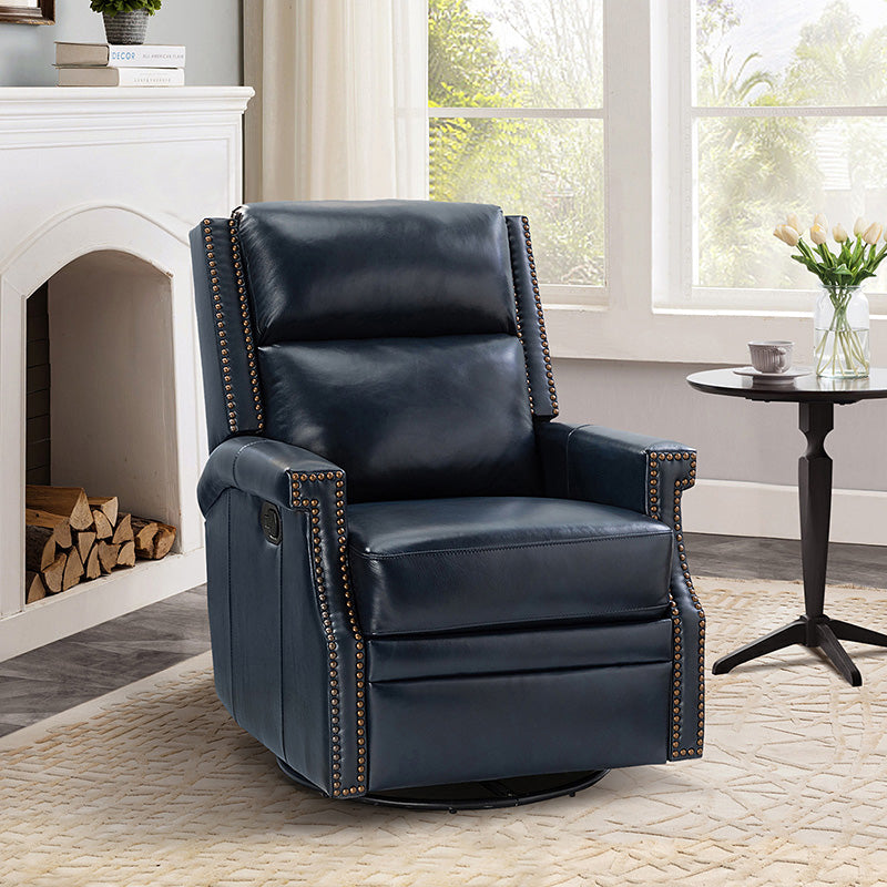Fauteuil inclinable, pivotant et à bascule Wingback en cuir véritable avec clous en laiton et deux positions manuelles | Camel / Marine / Saddle / Marron / Sauge / Tourterelle / Beige / Turquoise / Bordeaux | Siège unique
